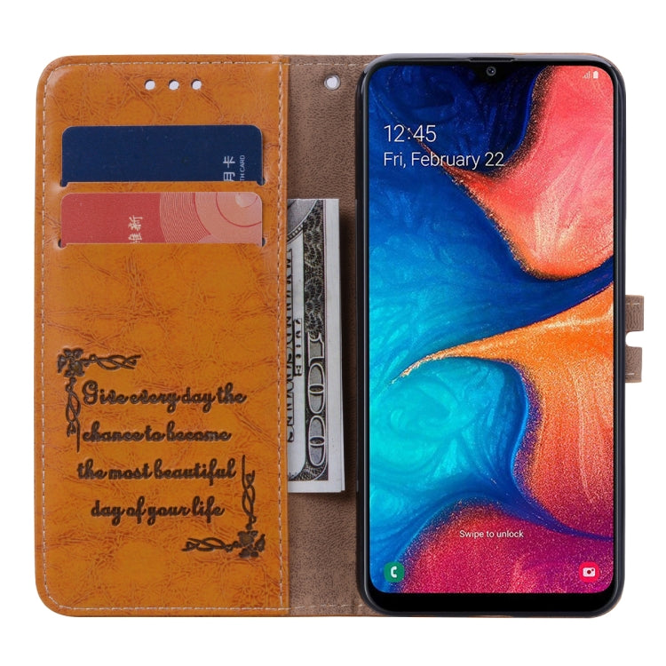 Étui à rabat horizontal en cuir texturé style business pour Galaxy A20e, avec support, emplacements pour cartes et portefeuille.
