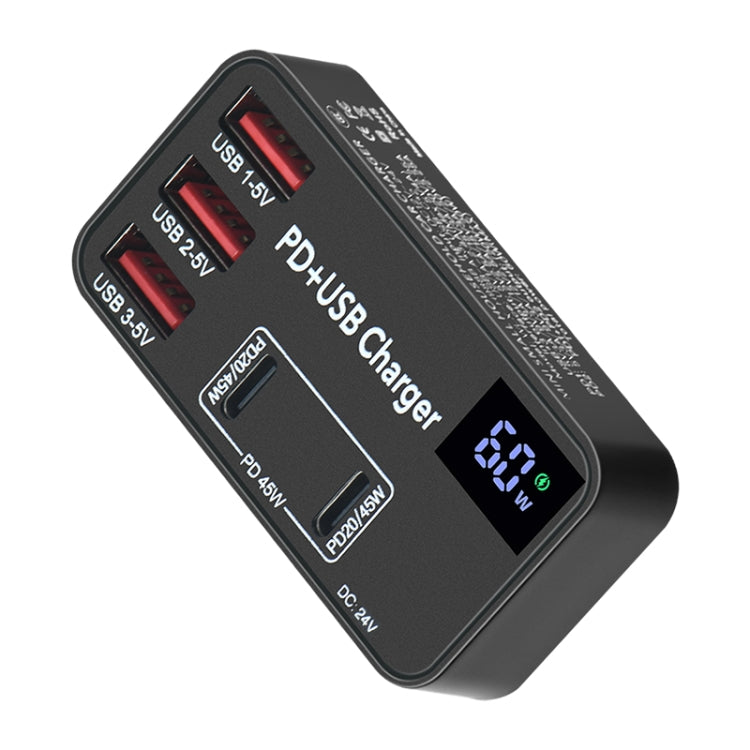 988B 5 in 1 DC 24V Dual USB-C/Type-C+3 USB Ports Multifunctional Digital Display Fast Charger, 988B