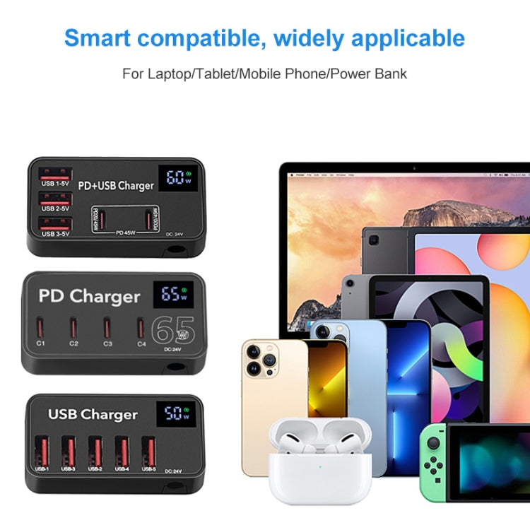 988B 5 in 1 DC 24V Dual USB-C/Type-C+3 USB Ports Multifunctional Digital Display Fast Charger, 988B