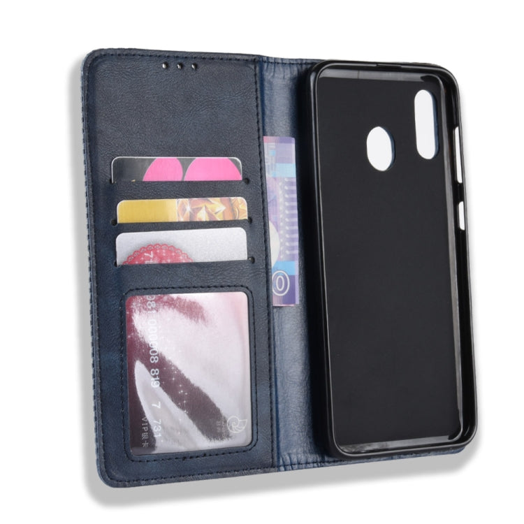 Étui à rabat horizontal en cuir à boucle magnétique pour Galaxy A20/A30, avec support, emplacements pour cartes et cadre photo, motif cheval fou rétro