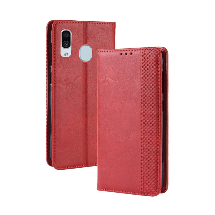 Étui à rabat horizontal en cuir à boucle magnétique pour Galaxy A20/A30, avec support, emplacements pour cartes et cadre photo, motif cheval fou rétro