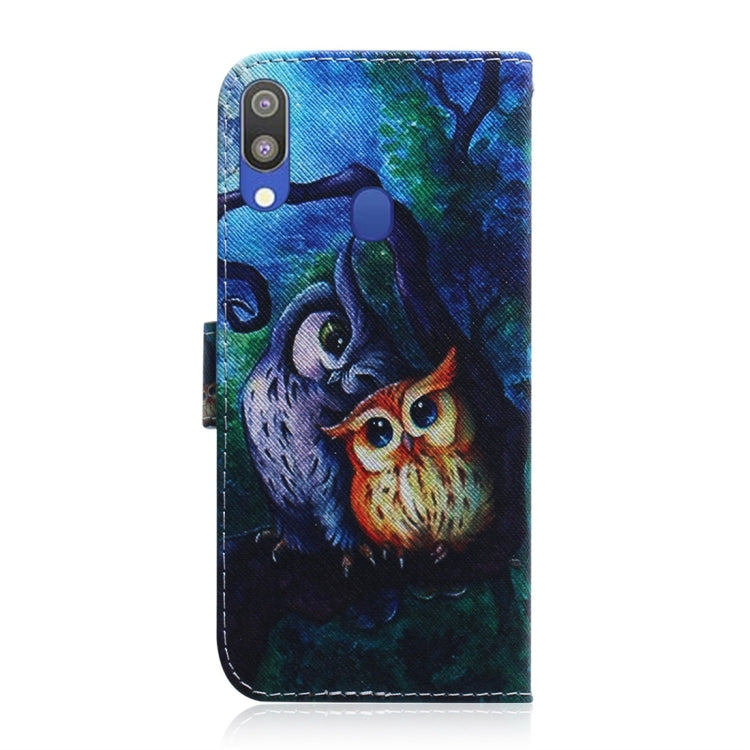 Oil Painting Owl Pattern Coloured Drawing Horizontal Flip Leather Case for Galaxy M20, with Holder & Card Slots & Wallet