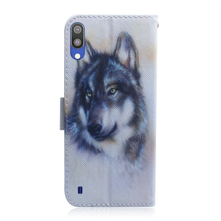 Étui à rabat horizontal en cuir à motif loup blanc pour Galaxy M10/A10, avec support, emplacements pour cartes et portefeuille