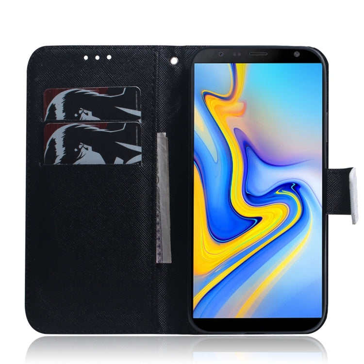 Étui à rabat horizontal en cuir avec motif loup et chien pour Galaxy J6 Plus, avec support, emplacements pour cartes et portefeuille.