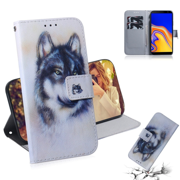 Étui à rabat horizontal en cuir à motif loup blanc pour Galaxy J4 Plus, avec support, emplacements pour cartes et portefeuille.