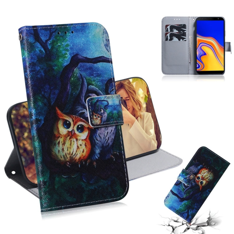 Oil Painting Owl Pattern Coloured Drawing Horizontal Flip Leather Case for Galaxy J4 Plus, with Holder & Card Slots & Wallet