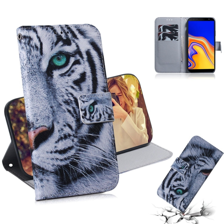 Étui à rabat horizontal en cuir à motif tigre pour Galaxy J4 Plus, avec support, emplacements pour cartes et portefeuille.