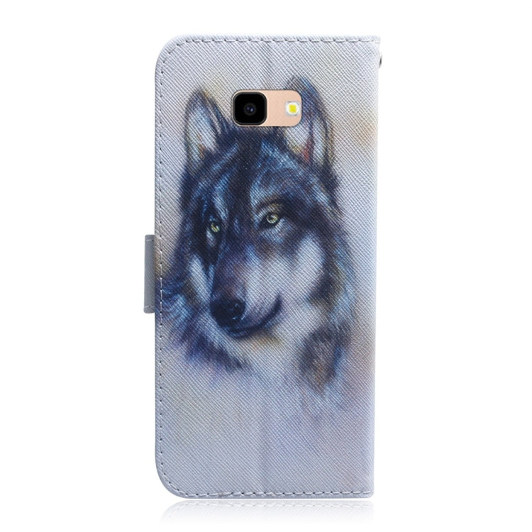Étui à rabat horizontal en cuir à motif loup blanc pour Galaxy J4 Plus, avec support, emplacements pour cartes et portefeuille.