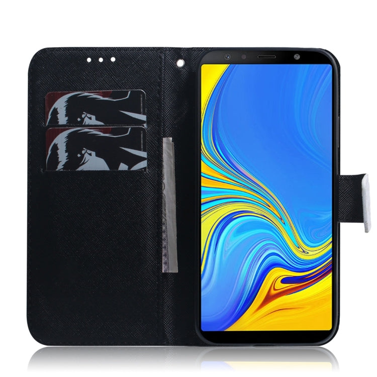 Étui à rabat horizontal en cuir à motif loup blanc pour Galaxy J4 Plus, avec support, emplacements pour cartes et portefeuille.
