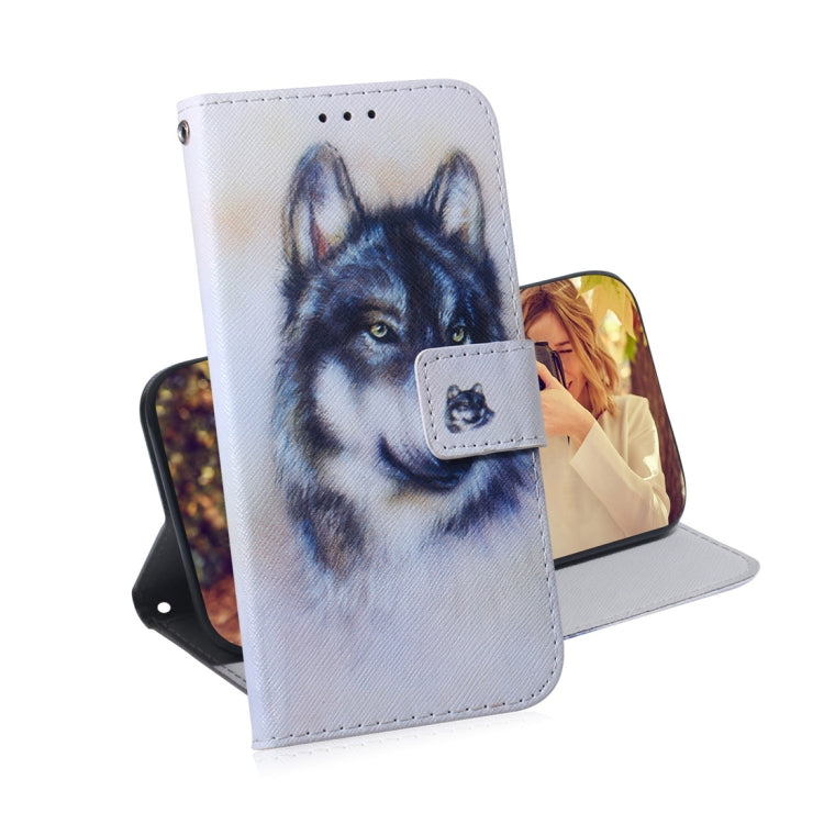Étui en cuir à rabat horizontal motif loup blanc pour Galaxy A70, avec support, emplacements pour cartes et portefeuille. Pour Samsung Galaxy A70