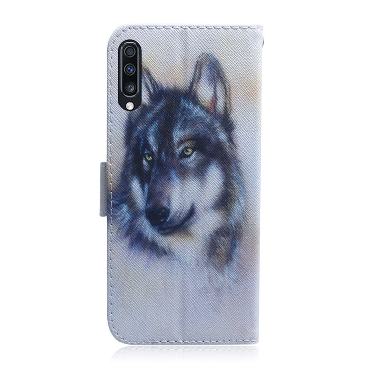 Étui en cuir à rabat horizontal motif loup blanc pour Galaxy A70, avec support, emplacements pour cartes et portefeuille. Pour Samsung Galaxy A70