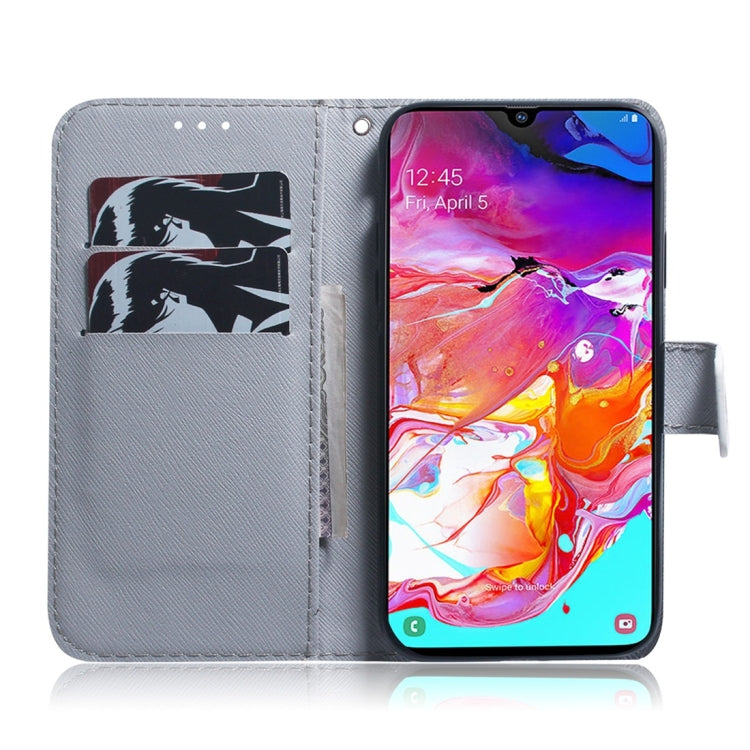 Étui en cuir à rabat horizontal motif loup blanc pour Galaxy A70, avec support, emplacements pour cartes et portefeuille. Pour Samsung Galaxy A70
