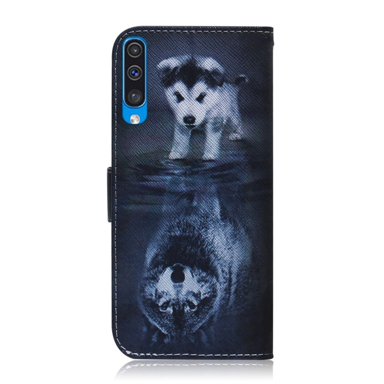 Étui à rabat horizontal en cuir avec motif loup et chien pour Galaxy A50, avec support, emplacements pour cartes et portefeuille.