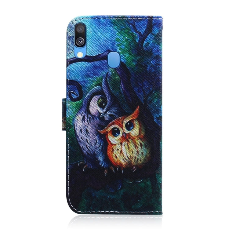 Oil Painting Owl Pattern Coloured Drawing Horizontal Flip Leather Case for Galaxy A40, with Holder & Card Slots & Wallet