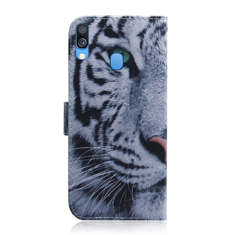Étui à rabat horizontal en cuir à motif tigre pour Galaxy A40, avec support, emplacements pour cartes et portefeuille.