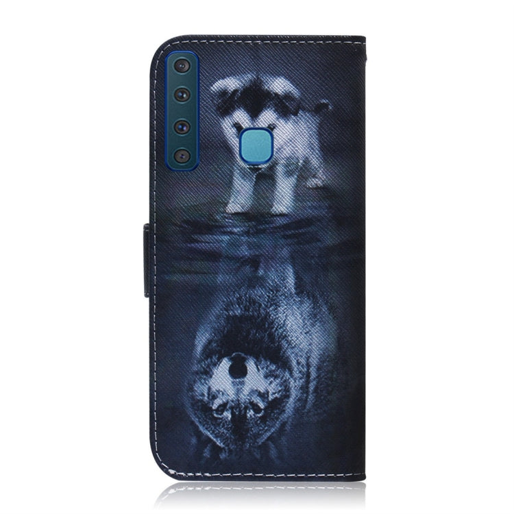 Étui à rabat horizontal en cuir avec motif loup et chien pour Galaxy A9 (2018), avec support, emplacements pour cartes et portefeuille.