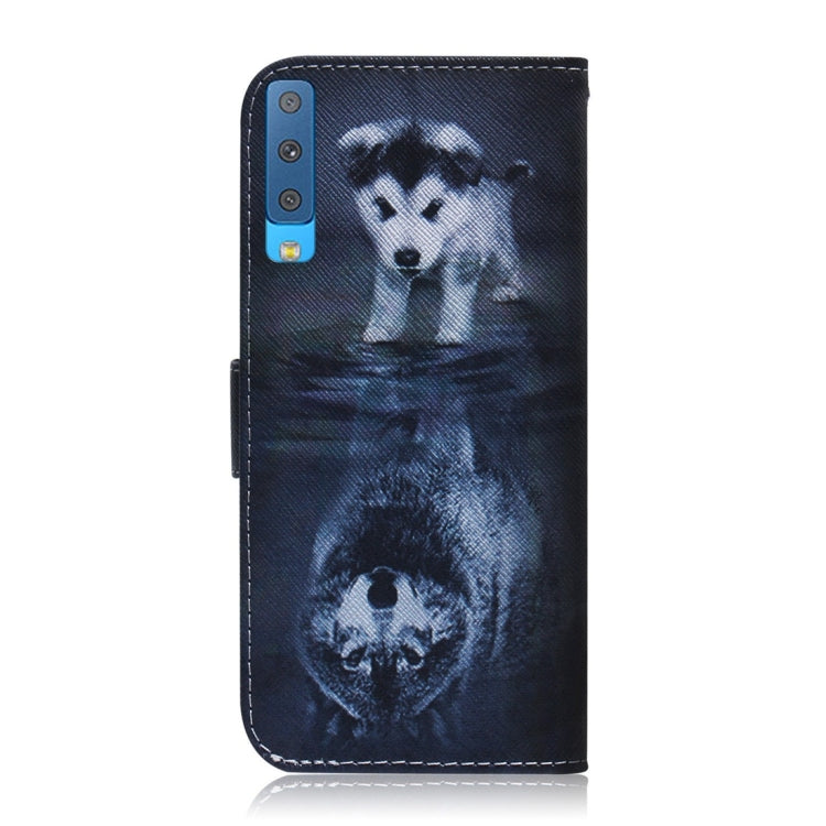 Étui à rabat horizontal en cuir avec motif loup et chien pour Galaxy A7 (2018) / A750F, avec support, emplacements pour cartes et portefeuille. Pour Galaxy A7 (2018)