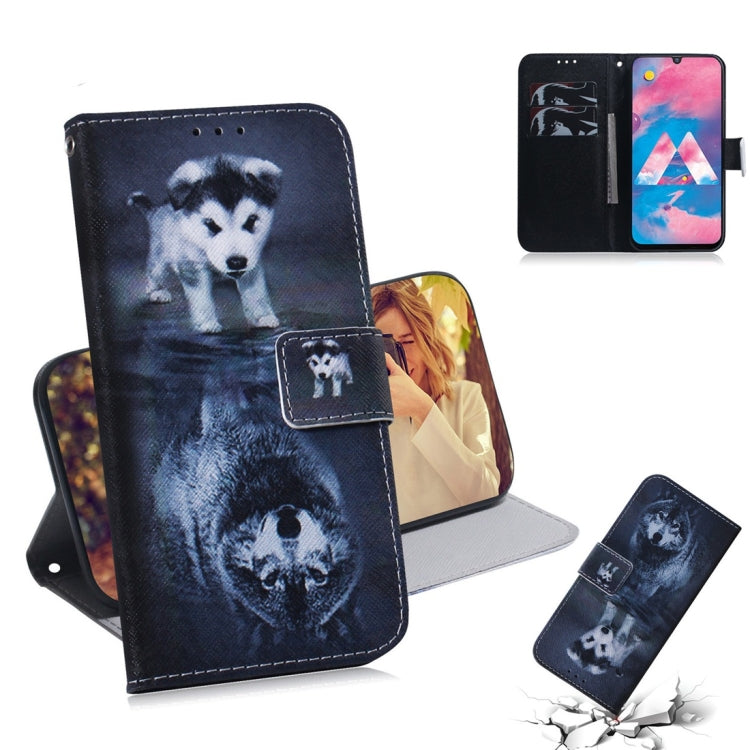 Étui à rabat horizontal en cuir avec motif loup et chien pour Galaxy M30, avec support, emplacements pour cartes et portefeuille.
