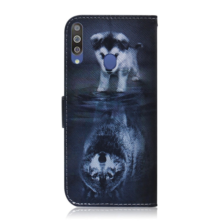 Étui à rabat horizontal en cuir avec motif loup et chien pour Galaxy M30, avec support, emplacements pour cartes et portefeuille.