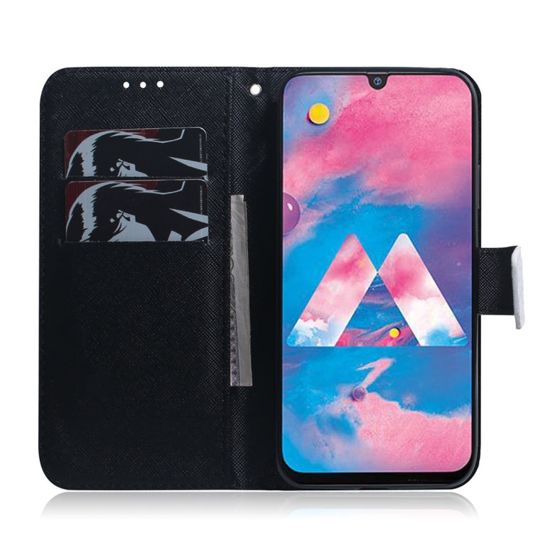 Étui à rabat horizontal en cuir avec motif loup et chien pour Galaxy M30, avec support, emplacements pour cartes et portefeuille.