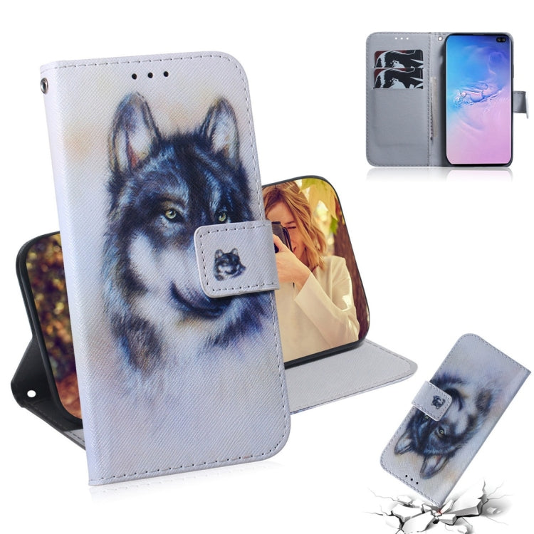 Étui en cuir à rabat horizontal motif loup blanc pour Galaxy S10 Plus, avec support, emplacements pour cartes et portefeuille.