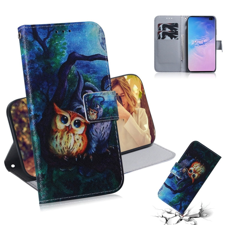 Oil Painting Owl Pattern Coloured Drawing Horizontal Flip Leather Case for Galaxy S10 Plus, with Holder & Card Slots & Wallet