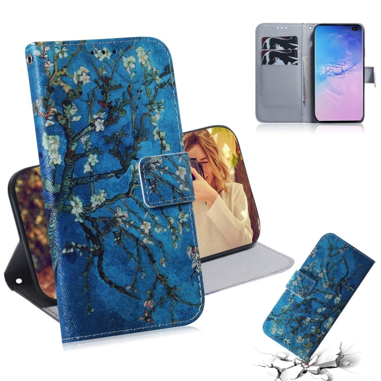 Apricot Flower Pattern Coloured Drawing Horizontal Flip Leather Case for Galaxy S10 Plus, with Holder & Card Slots & Wallet, For Galaxy S10 Plus