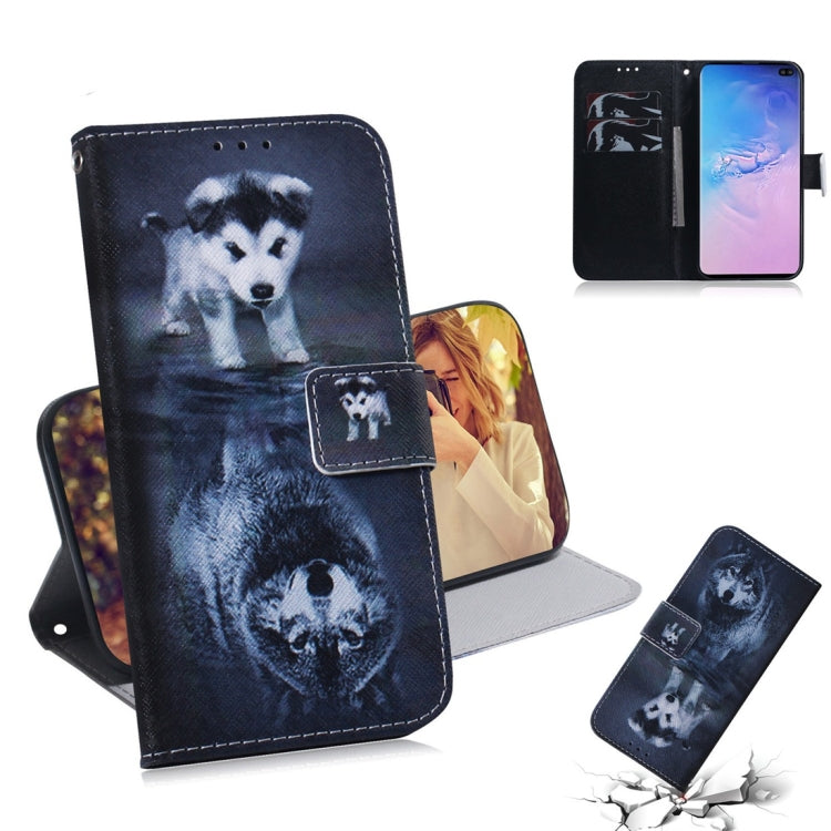 Étui à rabat horizontal en cuir avec motif loup et chien pour Galaxy S10 Plus, avec support, emplacements pour cartes et portefeuille.