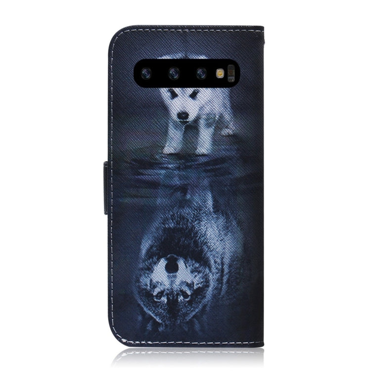 Étui à rabat horizontal en cuir avec motif loup et chien pour Galaxy S10 Plus, avec support, emplacements pour cartes et portefeuille.