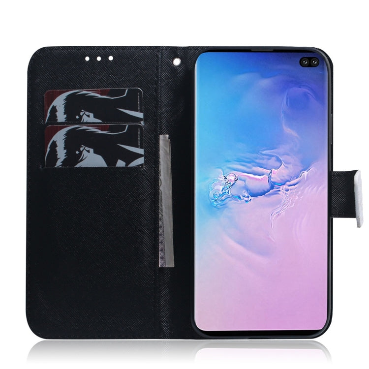 Étui à rabat horizontal en cuir avec motif loup et chien pour Galaxy S10 Plus, avec support, emplacements pour cartes et portefeuille.