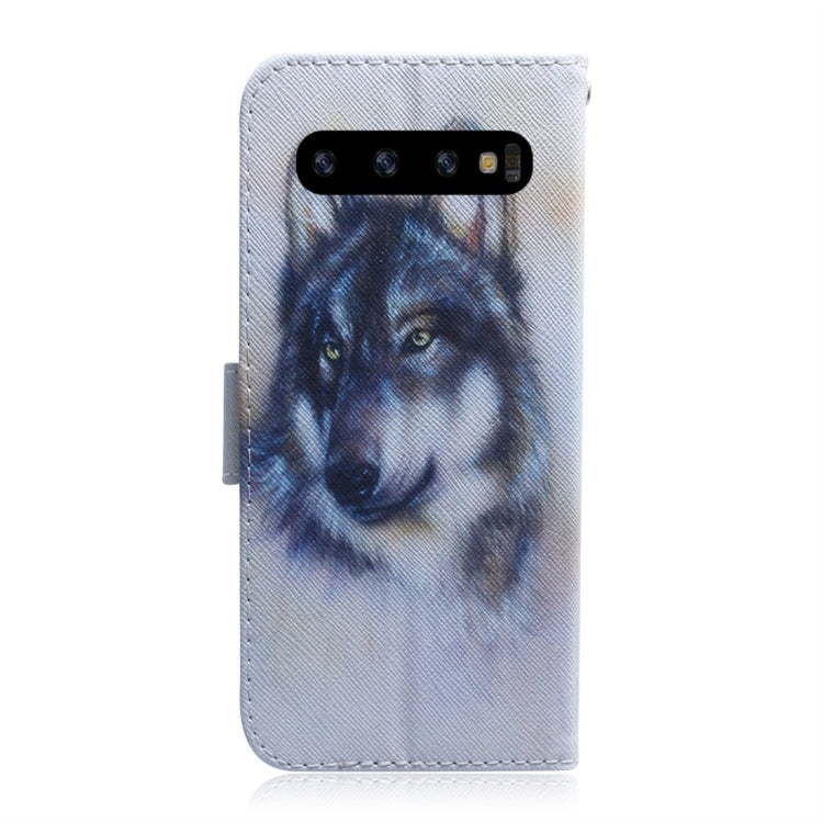 Étui en cuir à rabat horizontal motif loup blanc pour Galaxy S10 Plus, avec support, emplacements pour cartes et portefeuille.