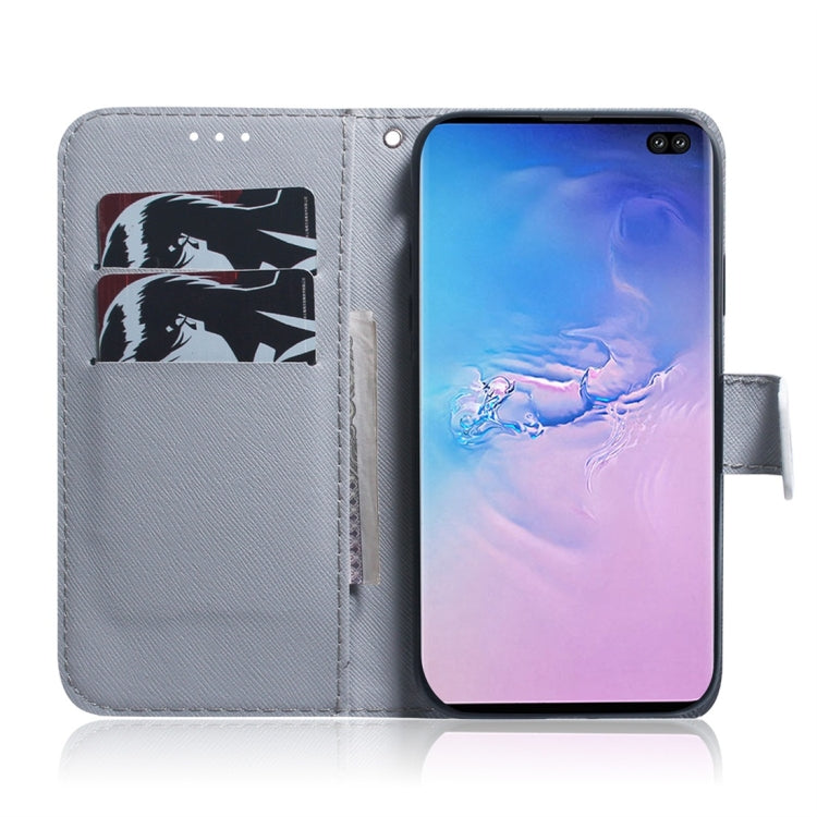 Étui en cuir à rabat horizontal motif loup blanc pour Galaxy S10 Plus, avec support, emplacements pour cartes et portefeuille.