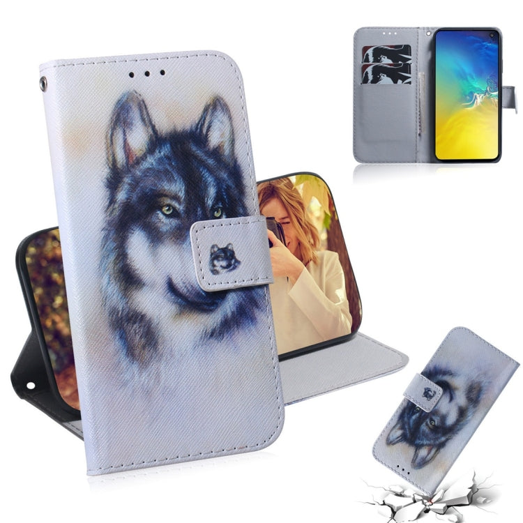 Étui à rabat horizontal en cuir à motif loup blanc pour Galaxy S10 E, avec support, emplacements pour cartes et portefeuille.