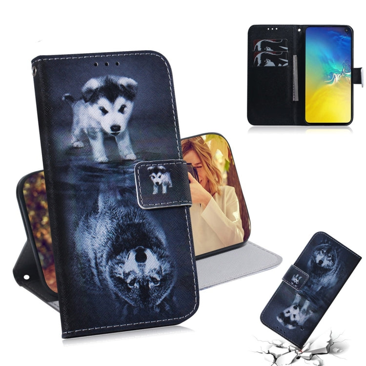 Étui à rabat horizontal en cuir avec motif loup et chien pour Galaxy S10 E, avec support, emplacements pour cartes et portefeuille.