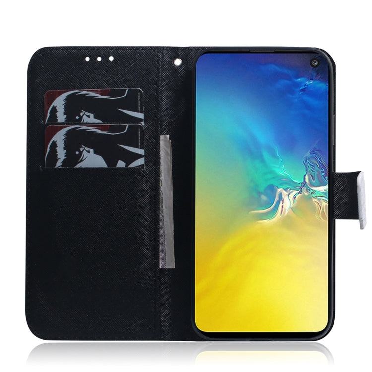 Étui à rabat horizontal en cuir avec motif loup et chien pour Galaxy S10 E, avec support, emplacements pour cartes et portefeuille.