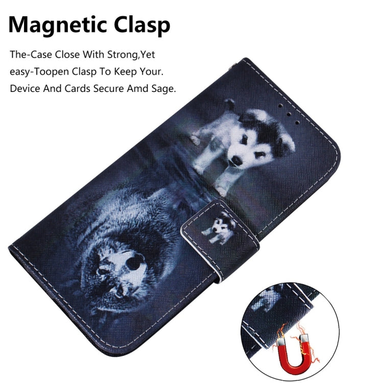 Étui à rabat horizontal en cuir avec motif loup et chien pour Galaxy S10 E, avec support, emplacements pour cartes et portefeuille.
