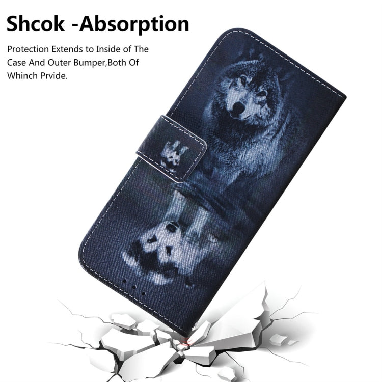 Étui à rabat horizontal en cuir avec motif loup et chien pour Galaxy S10 E, avec support, emplacements pour cartes et portefeuille.