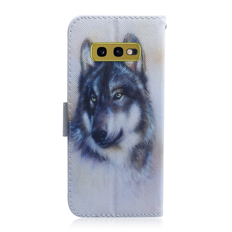 Étui à rabat horizontal en cuir à motif loup blanc pour Galaxy S10 E, avec support, emplacements pour cartes et portefeuille.