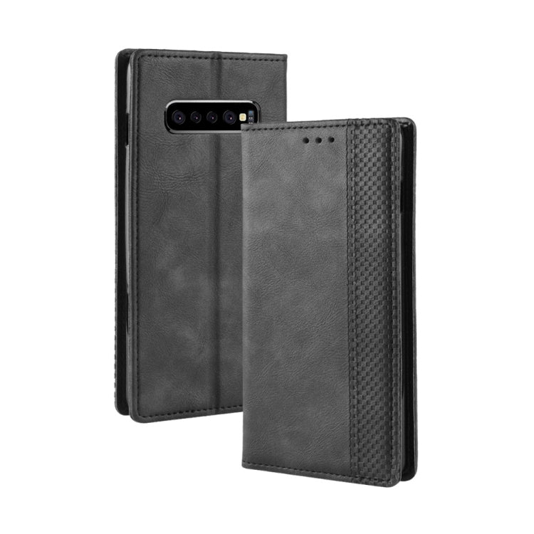 Étui à rabat horizontal en cuir à texture rétro avec boucle magnétique pour Galaxy S10+, avec support, emplacements pour cartes et portefeuille.