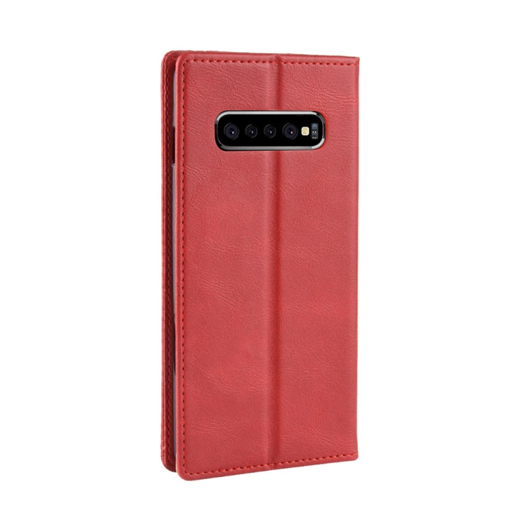 Étui à rabat horizontal en cuir à texture rétro avec boucle magnétique pour Galaxy S10+, avec support, emplacements pour cartes et portefeuille.