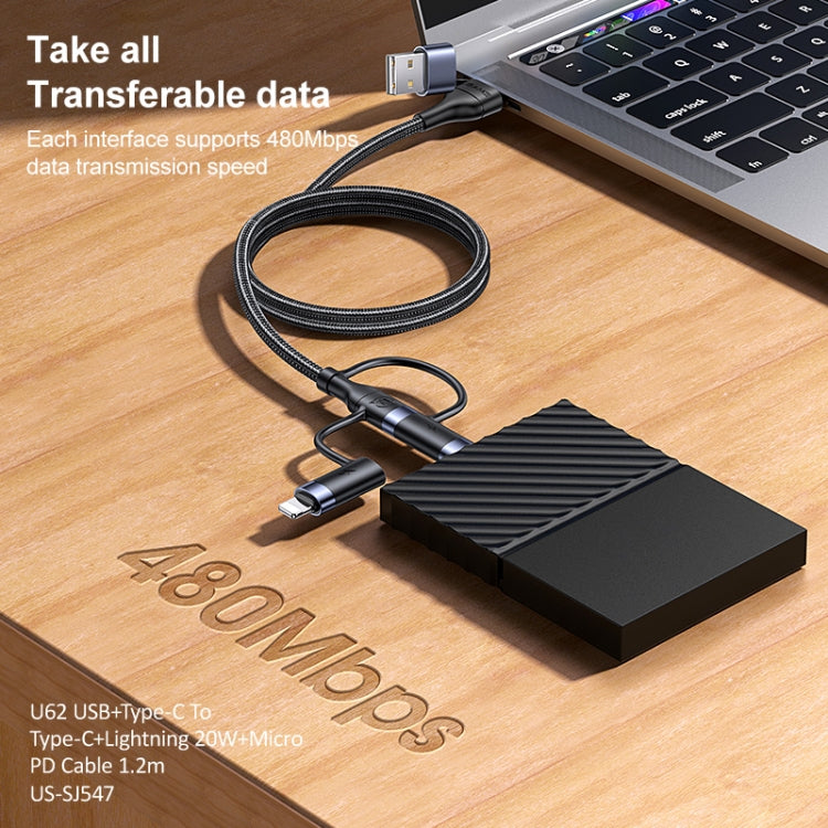 USAMS US-SJ547 U62 USB + Type-C / USB-C toType-C / USB-C + 8 Pin + Micro Aluminum Alloy PD Fast Charging Data Cable, Length: 1.2m
