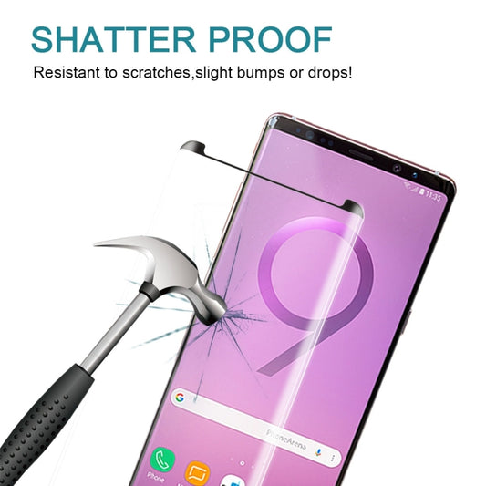Close-up view of Galaxy Note 9 tempered glass protector showing curved edge coverage