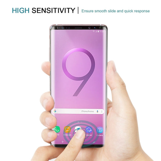 Galaxy Note 9 tempered glass film installed on device demonstrating full-screen protection