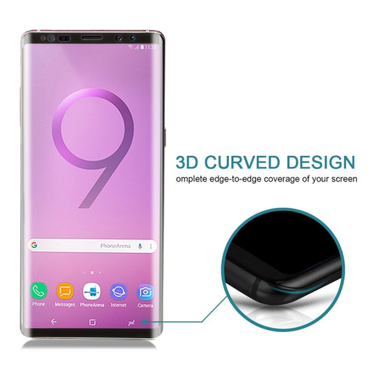 Galaxy Note 9 screen protection installation showing curved glass application