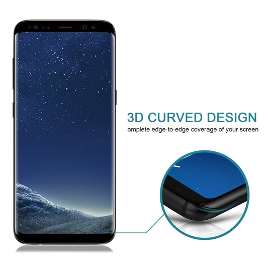 Black frame tempered glass film installation on Galaxy S8 smartphone
