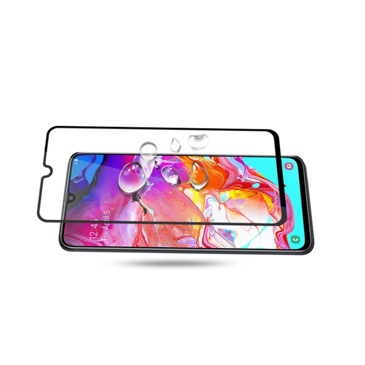 Lot de 10 films en verre trempé Mocolo 0,33 mm 9H 2,5D, adhésif intégral, pour Galaxy A70, déverrouillage par empreinte digitale (noir)