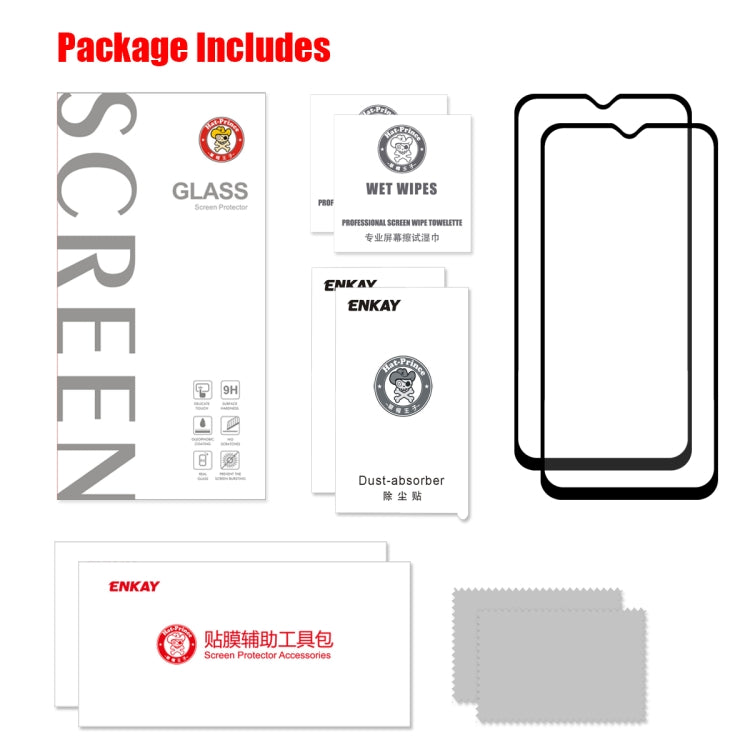 2 PCS ENKAY Hat-prince Full Glue 0.26mm 9H 2.5D Tempered Glass Film for Galaxy A20