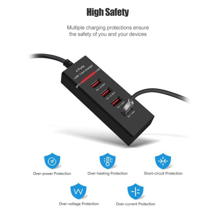 Adaptateur de chargeur 5 V 4,1 A 4 ports USB avec câble d'alimentation, longueur du câble : 1,5 m, prise américaine.