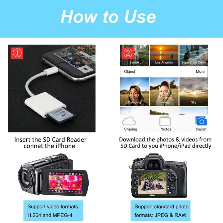 ZS-KL21810 8 Pin to SD Card Camera Card Reader Adapter, Support All iOS System, SD Card Slot