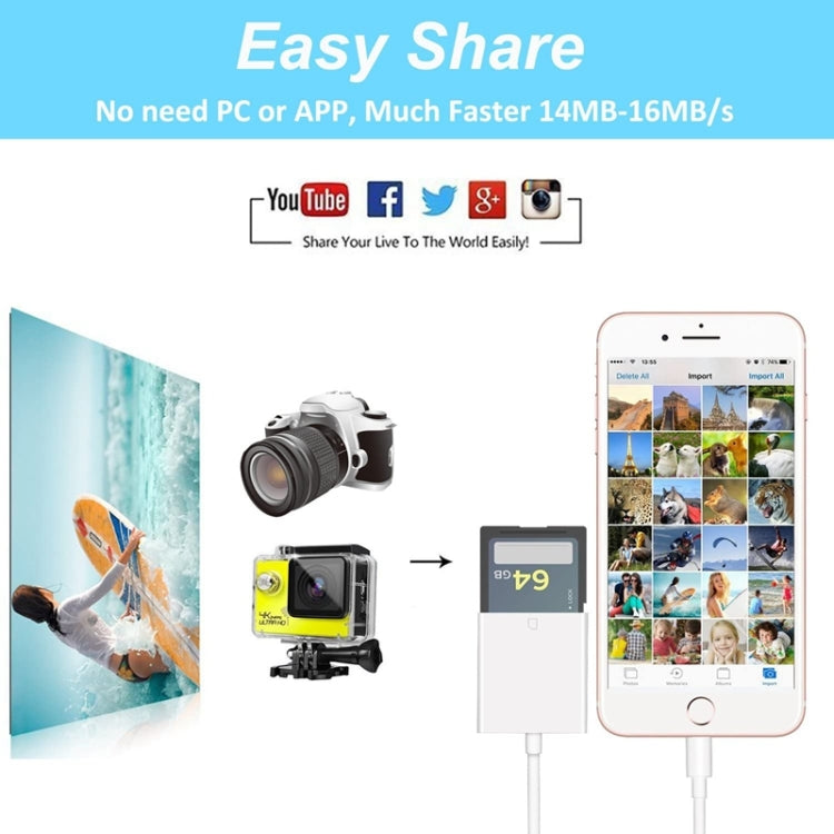 ZS-KL21810 8 Pin to SD Card Camera Card Reader Adapter, Support All iOS System, SD Card Slot